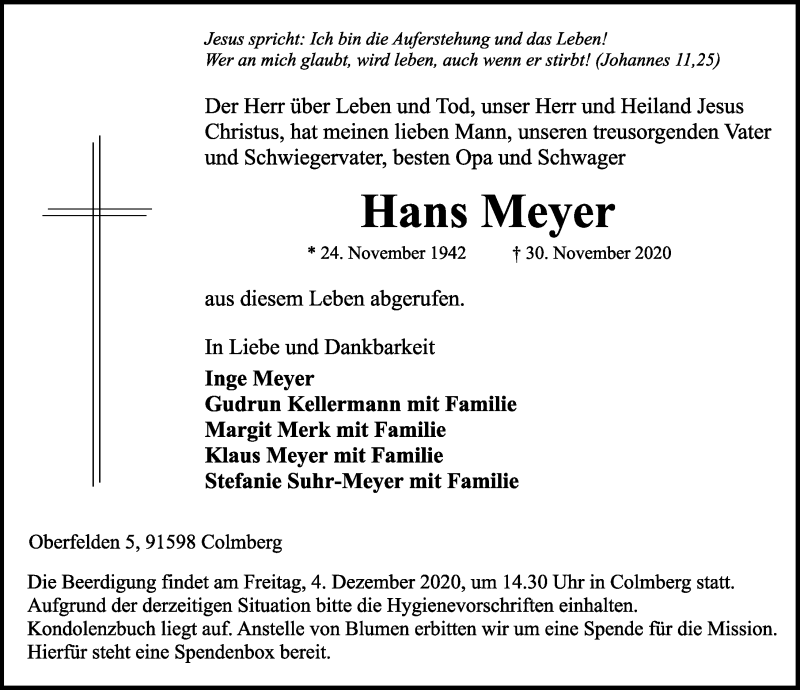  Traueranzeige für Hans Meyer vom 03.12.2020 aus Ansbach