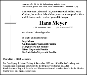 Traueranzeige von Hans Meyer von Ansbach