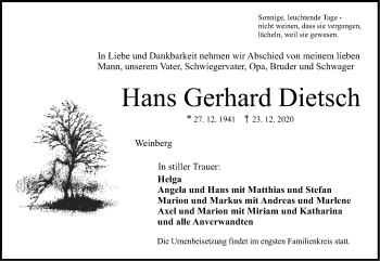 Traueranzeige von Hans Gerhard Dietsch von Ansbach