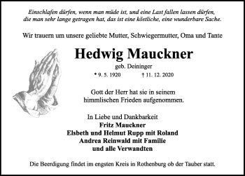 Traueranzeige von Hedwig Mauckner von Rothenburg