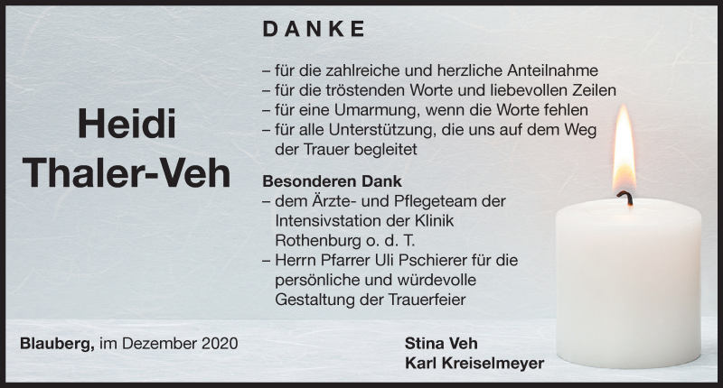  Traueranzeige für Heidi Thaler-Veh vom 11.12.2020 aus Neustadt/ Scheinfeld/ Uffenheim
