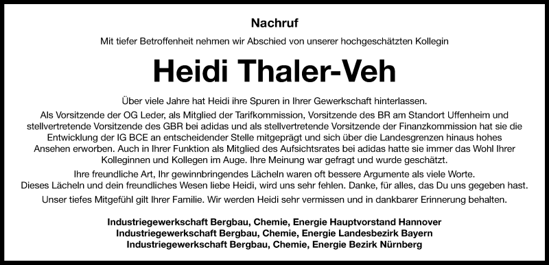  Traueranzeige für Heidi Thaler-Veh vom 01.12.2020 aus Neustadt/ Scheinfeld/ Uffenheim