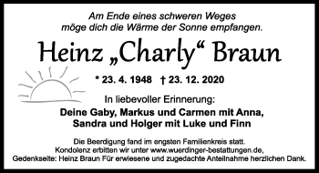 Traueranzeige von Heinz  Braun von Ansbach