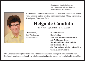 Traueranzeige von Helga de Candido von Neustadt/ Scheinfeld/ Uffenheim