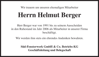 Traueranzeige von Helmut Berger von Dinkelsbühl/ Feuchtwangen