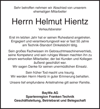 Traueranzeige von Helmut Hientz von Dinkelsbühl/ Feuchtwangen