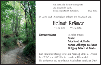 Traueranzeige von Helmut Krämer von Neustadt/ Scheinfeld/ Uffenheim