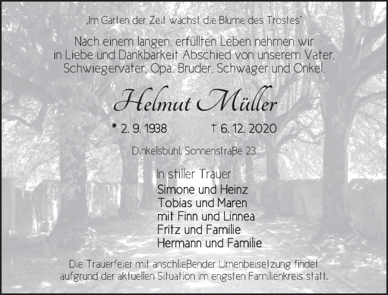  Traueranzeige für Helmut Müller vom 12.12.2020 aus Dinkelsbühl/ Feuchtwangen