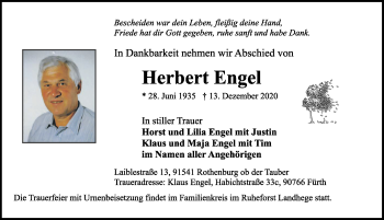 Traueranzeige von Herbert Engel von Rothenburg
