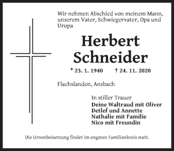 Traueranzeige von Herbert Schneider von Ansbach