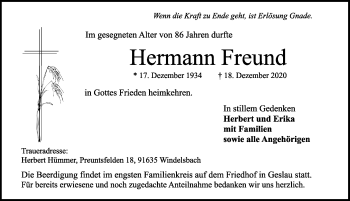 Traueranzeige von Hermann Freund von Rothenburg
