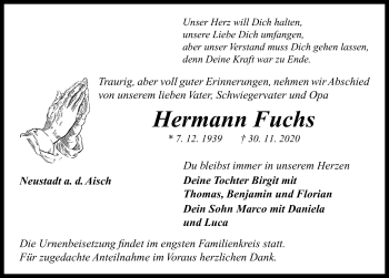 Traueranzeige von Hermann Fuchs von Neustadt/ Scheinfeld/ Uffenheim