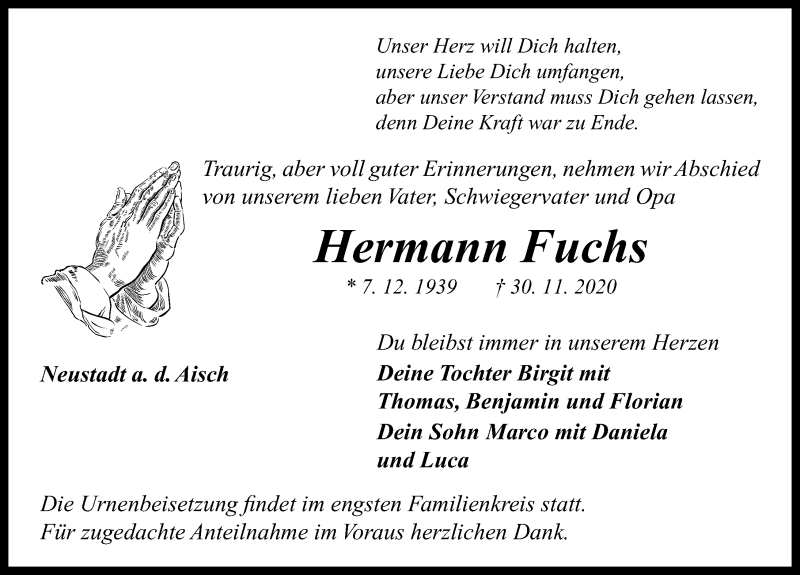  Traueranzeige für Hermann Fuchs vom 19.12.2020 aus Neustadt/ Scheinfeld/ Uffenheim