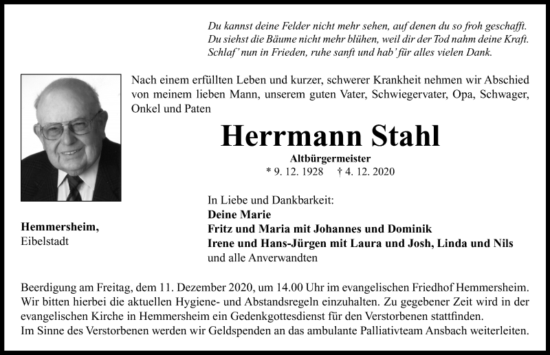  Traueranzeige für Herrmann Stahl vom 09.12.2020 aus Neustadt/ Scheinfeld/ Uffenheim