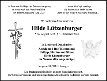 Traueranzeige von Hilde Lützenburger von Rothenburg