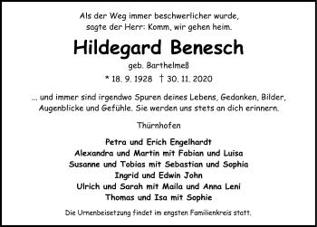 Traueranzeige von Hildegard Benesch von Dinkelsbühl/ Feuchtwangen