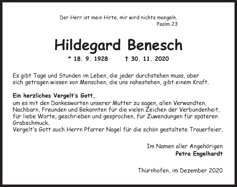  Traueranzeige für Hildegard Benesch vom 21.12.2020 aus Dinkelsbühl/ Feuchtwangen