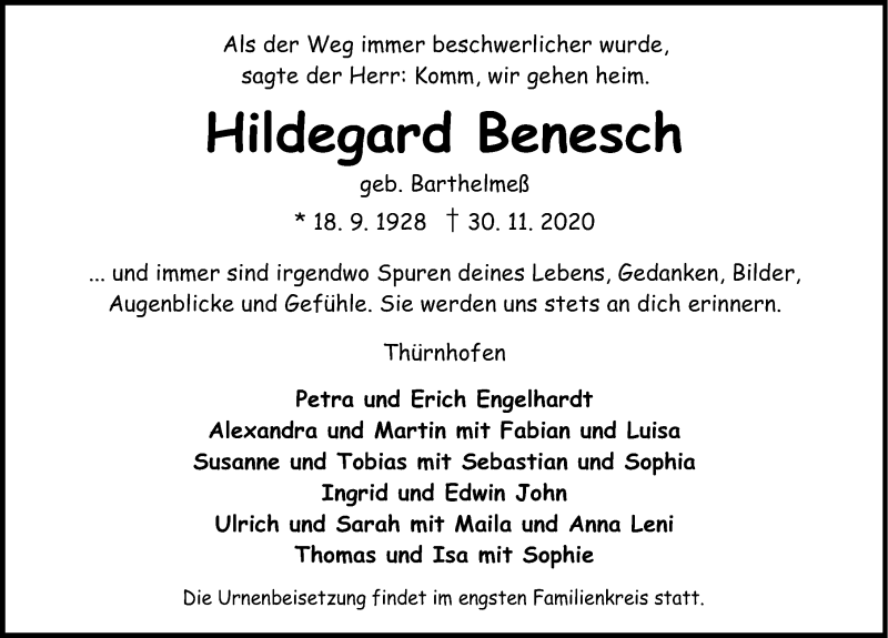  Traueranzeige für Hildegard Benesch vom 05.12.2020 aus Dinkelsbühl/ Feuchtwangen