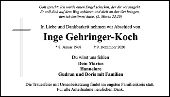 Traueranzeige von Inge Gehringer-Koch von Rothenburg