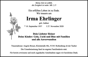 Traueranzeige von Irma Ehrlinger von Rothenburg