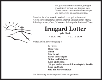 Traueranzeige von Irmgard Lotter