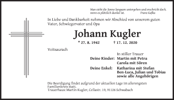 Traueranzeige von Johann Kugler von Ansbach