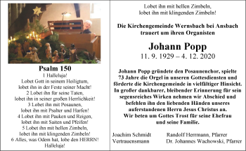 Traueranzeige von Johann Popp von Ansbach