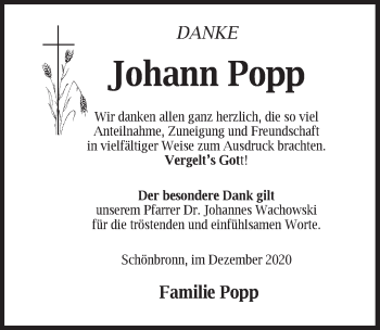 Traueranzeige von Johann Popp von Ansbach