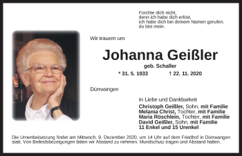 Traueranzeige von Johanna Geißler von Dinkelsbühl/ Feuchtwangen