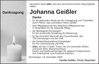 Traueranzeige von Johanna Geißler von Dinkelsbühl/ Feuchtwangen