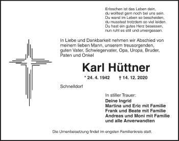 Traueranzeige von Karl Hüttner von Dinkelsbühl/ Feuchtwangen