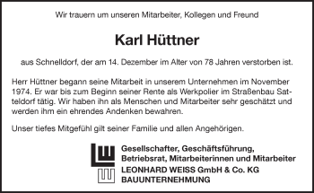 Traueranzeige von Karl Hüttner von Dinkelsbühl/ Feuchtwangen