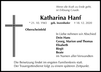 Traueranzeige von Katharina Hanf von Neustadt/ Scheinfeld/ Uffenheim