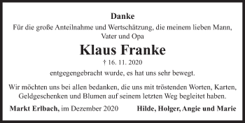 Traueranzeige von Klaus Franke von Neustadt/ Scheinfeld/ Uffenheim