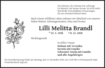 Traueranzeige von Lilli Melitta Brandl von Ansbach