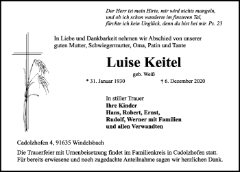 Traueranzeige von Luise Keitel von Rothenburg