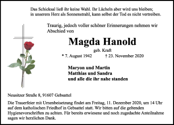 Traueranzeige von Magda Hanold von Rothenburg