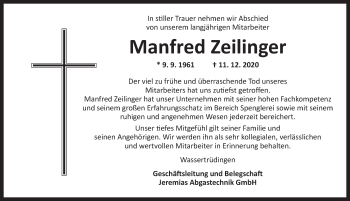 Traueranzeige von Manfred Zeilinger von Dinkelsbühl/ Feuchtwangen