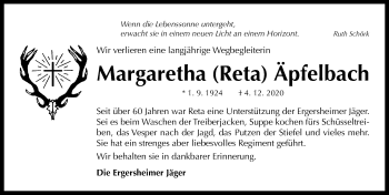 Traueranzeige von Margaretha Äpfelbach von Neustadt/ Scheinfeld/ Uffenheim