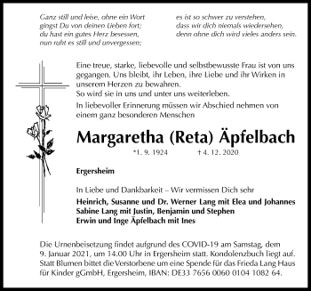 Traueranzeige von Margaretha Äpfelbach von Neustadt/ Scheinfeld/ Uffenheim