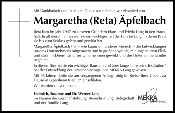 Traueranzeige von Margaretha Äpfelbach von Neustadt/ Scheinfeld/ Uffenheim