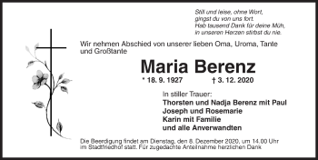 Traueranzeige von Maria Berenz von Ansbach