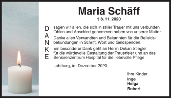 Traueranzeige von Maria Schäff von Ansbach