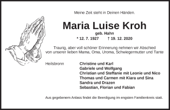 Traueranzeige von Maria Luise Kroh von Ansbach