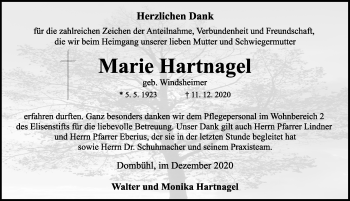 Traueranzeige von Marie Hartnagel von Rothenburg