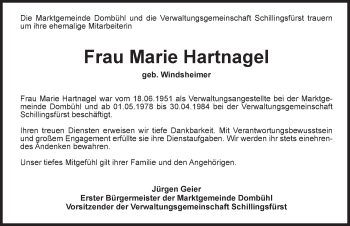 Traueranzeige von Marie Hartnagel von Rothenburg