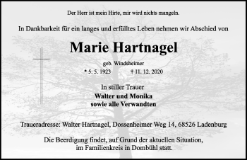 Traueranzeige von Marie Hartnagel von Rothenburg