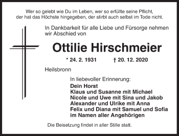 Traueranzeige von Ottilie Hirschmeier von Ansbach