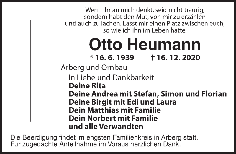  Traueranzeige für Otto Heumann vom 18.12.2020 aus AB