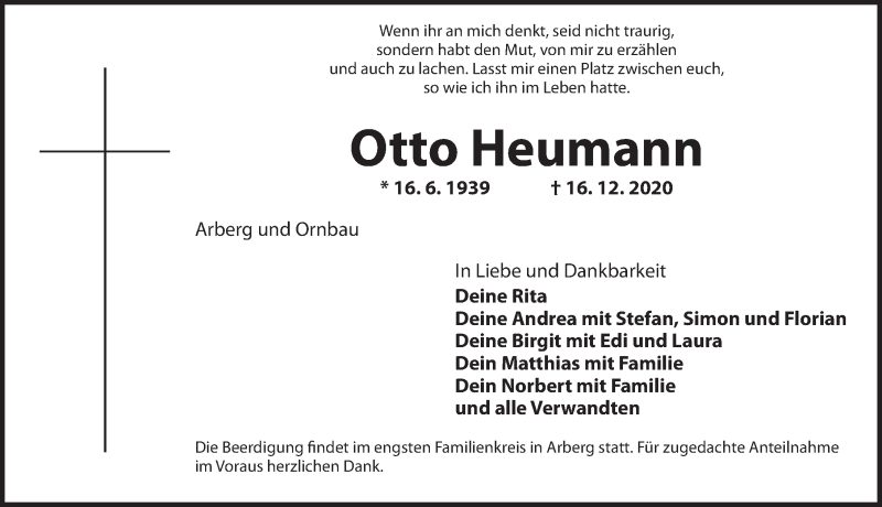  Traueranzeige für Otto Heumann vom 18.12.2020 aus Dinkelsbühl/ Feuchtwangen